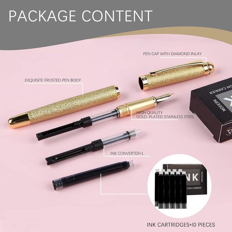 BOCIYER fountain pen-Multiple color styles with rhinestone,diamond inlay and frosted finish,Cute pens,Luxury pen,Office pens,Best pen set,Includes 10 Ink Cartridges and Ink Refill Converter(Gold) - Image 2